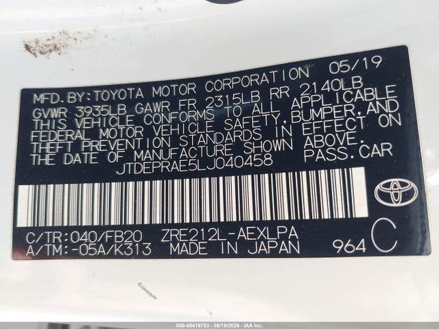 JTDEPRAE5LJ040458 Toyota COROLLA LE