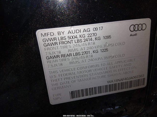 Продаж на аукціоні авто 2018 Audi A4 Allroad 2.0t Premium/2.0t Tech Premium, vin: WA18NAF40JA062363, номер лоту: 45419762