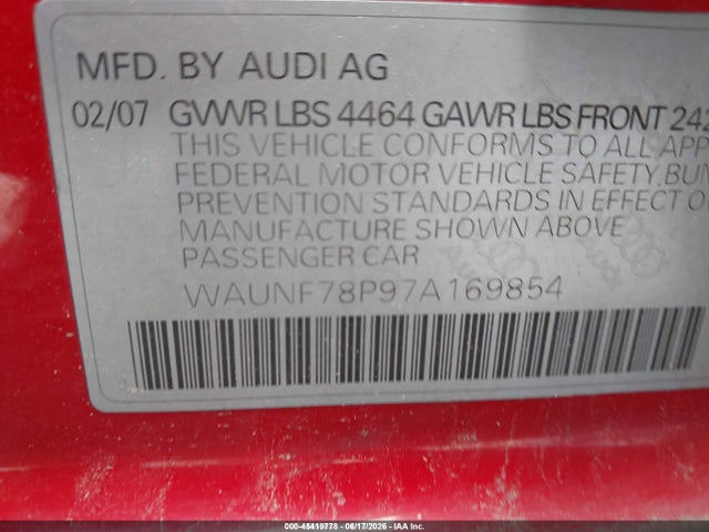 Продаж на аукціоні авто 2007 Audi A3 2.0t, vin: WAUNF78P97A169854, номер лоту: 45419778