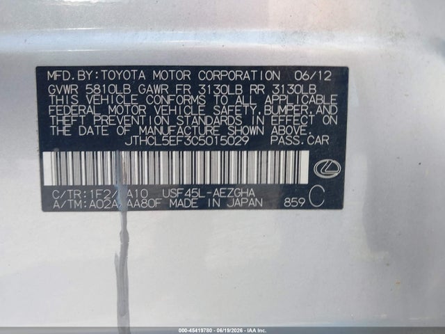 Aukcja sprzedaży 2012 Lexus Ls 460, vin: JTHCL5EF3C5015029, numer aukcji: 45419780