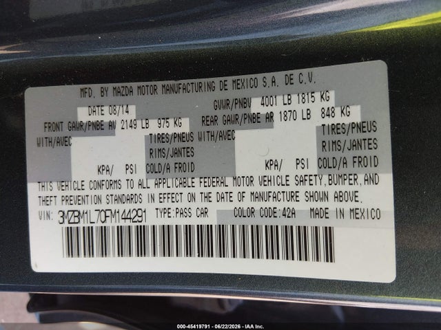 Продажа на аукционе авто 2015 Mazda Mazda3 I Touring, vin: 3MZBM1L70FM144291, номер лота: 45419791