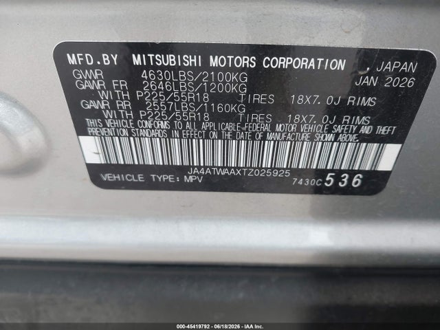 45419792 :رقم المزاد ، JA4ATWAAXTZ025925 vin ، 2026 Mitsubishi Eclipse Cross Black Edition S-awc/se S-awc/sel S-awc مزاد بيع
