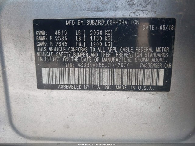 Продаж на аукціоні авто 2018 Subaru Legacy 2.5i Premium, vin: 4S3BNAF65J3042630, номер лоту: 45419813