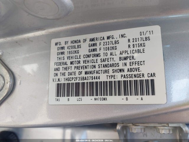 45419818 :رقم المزاد ، 1HGCP2F35BA079444 vin ، 2011 Honda Accord 2.4 Lx مزاد بيع