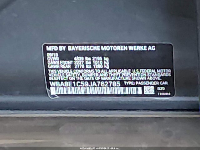 45419822 :رقم المزاد ، WBA8E1C59JA762785 vin ، 2018 Bmw 330e Iperformance مزاد بيع