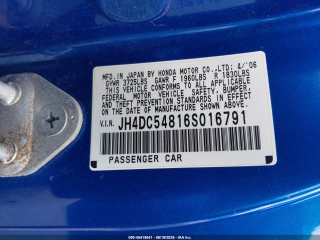 2006 Acura Rsx მანქანა იყიდება აუქციონზე, vin: JH4DC54816S016791, აუქციონის ნომერი: 45419841