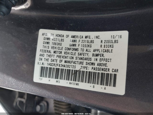 1HGCR2F83HA092725 Honda Accord Ex-l