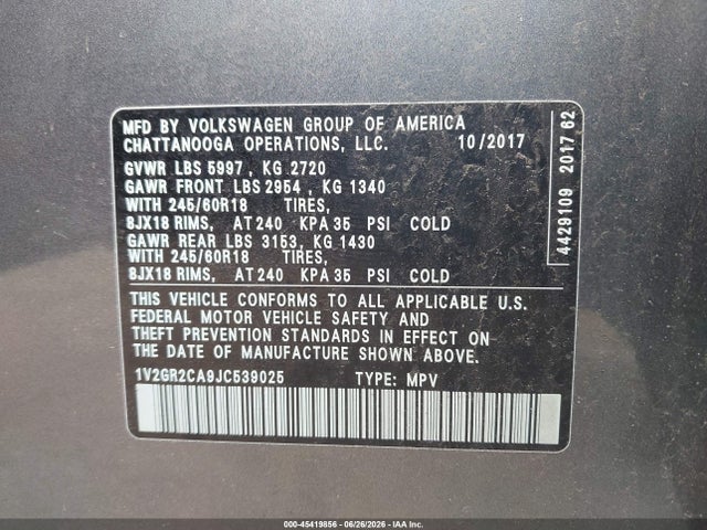 Продаж на аукціоні авто 2018 Volkswagen Atlas 3.6l V6 S, vin: 1V2GR2CA9JC539025, номер лоту: 45419856