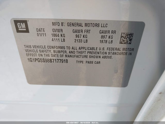 Auction sale of the 2011 Chevrolet Cruze 2lt, vin: 1G1PG5S98B7177918, lot number: 45419857