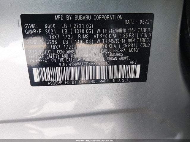2021 Subaru Ascent Premium მანქანა იყიდება აუქციონზე, vin: 4S4WMACD8M3451146, აუქციონის ნომერი: 45419862