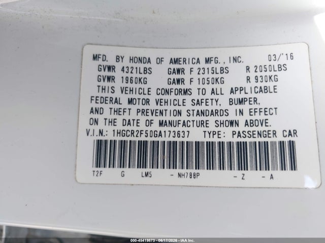 1HGCR2F50GA173637 Honda Accord Sport