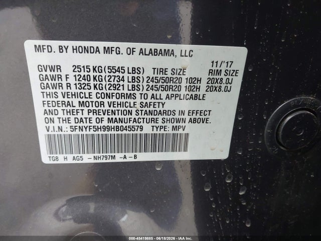 Honda Pilot Touring 2017 5FNYF5H99HB045579 Image 9