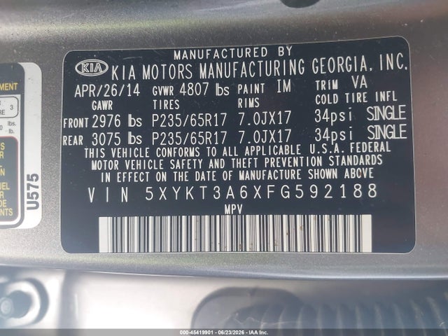 2015 Kia Sorento Lx მანქანა იყიდება აუქციონზე, vin: 5XYKT3A6XFG592188, აუქციონის ნომერი: 45419901
