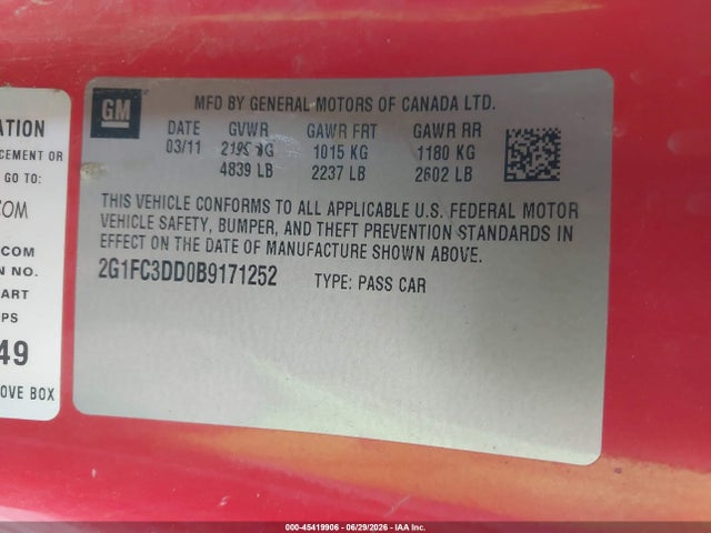 2011 Chevrolet Camaro 2lt მანქანა იყიდება აუქციონზე, vin: 2G1FC3DD0B9171252, აუქციონის ნომერი: 45419906
