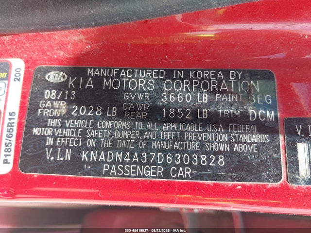 2013 Kia Rio Ex მანქანა იყიდება აუქციონზე, vin: KNADN4A37D6303828, აუქციონის ნომერი: 45419927