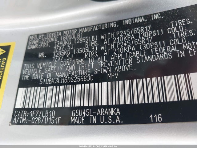 45419929 :رقم المزاد ، 5TDBK3EH6DS256830 vin ، 2013 Toyota Highlander Se V6 مزاد بيع