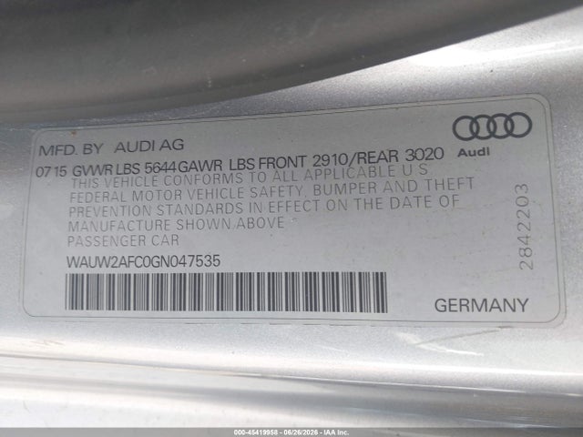 45419958 :رقم المزاد ، WAUW2AFC0GN047535 vin ، 2016 Audi S7 4.0t (s Tronic) (no Longer Available For Ordering) مزاد بيع