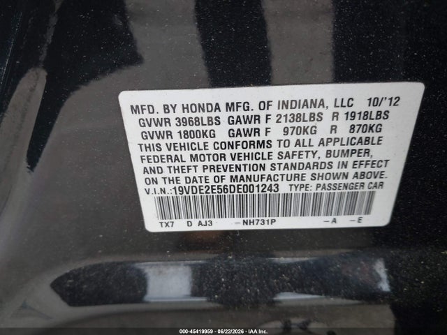 Auction sale of the 2013 Acura Ilx 2.4l, vin: 19VDE2E56DE001243, lot number: 45419959
