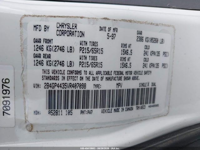 Aukcja sprzedaży 1997 Dodge Caravan Se, vin: 2B4GP4435VR407098, numer aukcji: 45419983