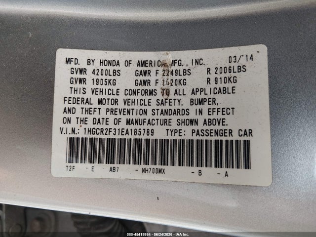 Продаж на аукціоні авто 2014 Honda Accord Lx, vin: 1HGCR2F31EA185789, номер лоту: 45419994