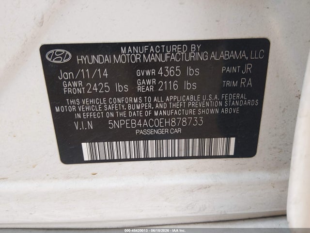 Продажа на аукционе авто 2014 Hyundai Sonata Gls, vin: 5NPEB4AC0EH878733, номер лота: 45420013