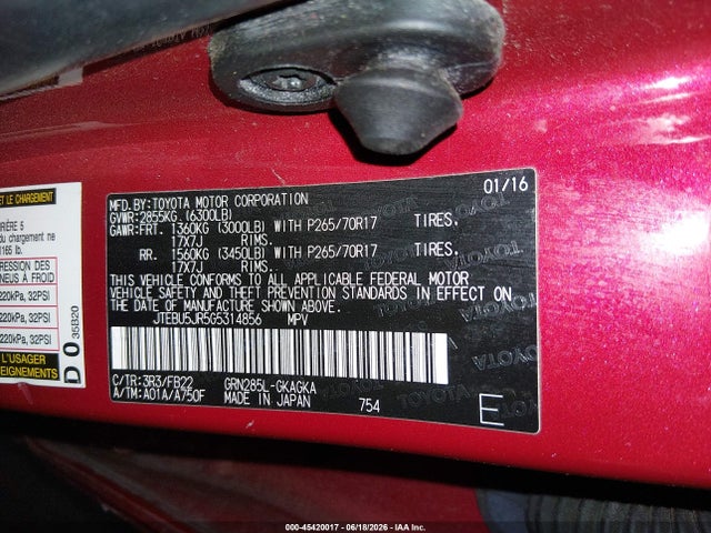 45420017 :رقم المزاد ، JTEBU5JR5G5314856 vin ، 2016 Toyota 4runner Sr5 مزاد بيع