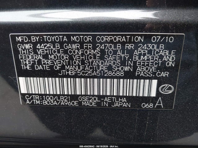 2010 Lexus Is 250 მანქანა იყიდება აუქციონზე, vin: JTHBF5C25A5128688, აუქციონის ნომერი: 45420042