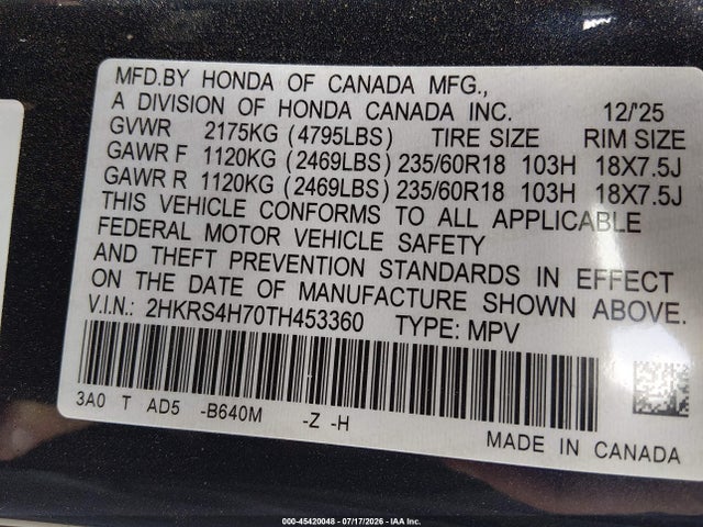 Продажа на аукционе авто 2026 Honda Cr-v Ex-l Awd, vin: 2HKRS4H70TH453360, номер лота: 45420048