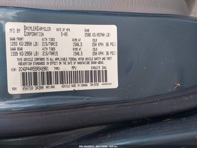 45420072 :رقم المزاد ، 2C4GP44R55R542881 vin ، 2005 Chrysler Town & Country Lx مزاد بيع