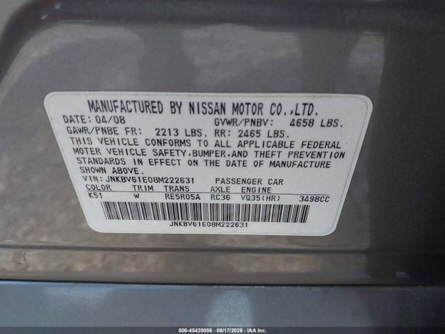 Продажа на аукционе авто 2008 Infiniti G35 Journey, vin: JNKBV61E08M222631, номер лота: 45420086
