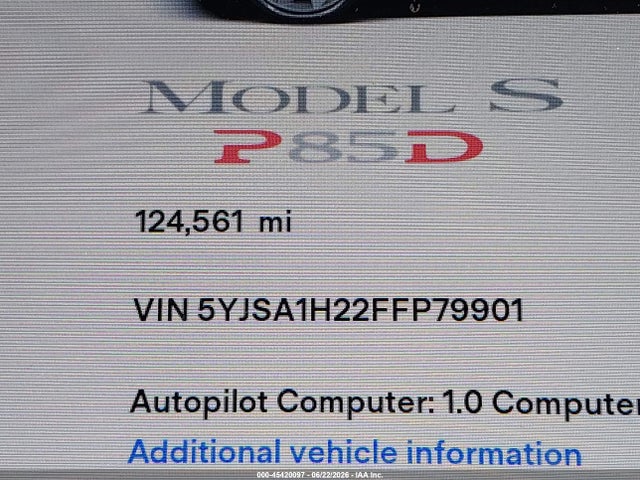 Aukcja sprzedaży 2015 Tesla Model S 70d/85d/p85d, vin: 5YJSA1H22FFP79901, numer aukcji: 45420097