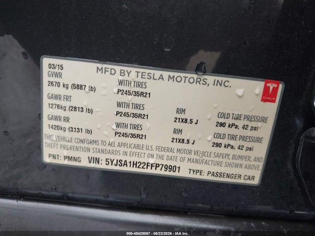Aukcja sprzedaży 2015 Tesla Model S 70d/85d/p85d, vin: 5YJSA1H22FFP79901, numer aukcji: 45420097