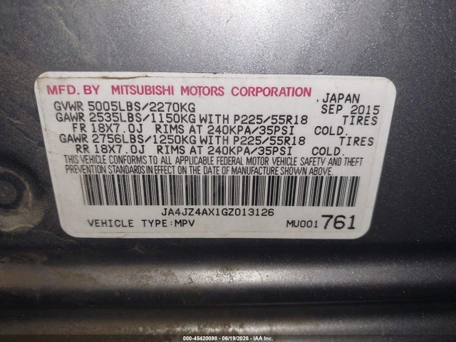 Aukcja sprzedaży 2016 Mitsubishi Outlander Gt, vin: JA4JZ4AX1GZ013126, numer aukcji: 45420098