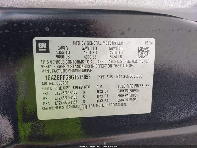 Chevrolet Express 3500 Lt 2016 1GAZGPFG9G1315053 Image 9