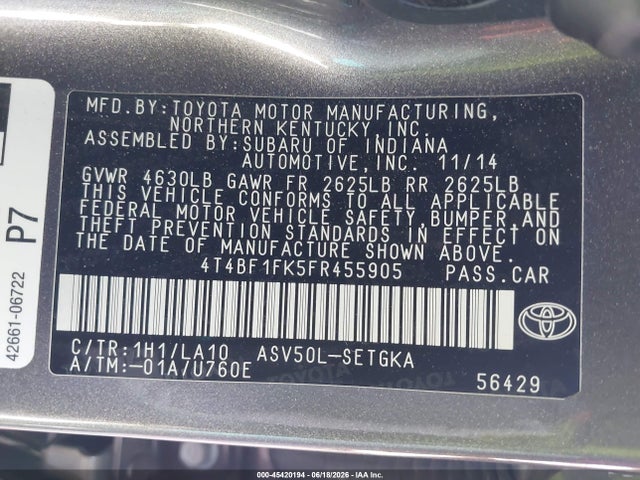 4T4BF1FK5FR455905 Toyota CAMRY XLE