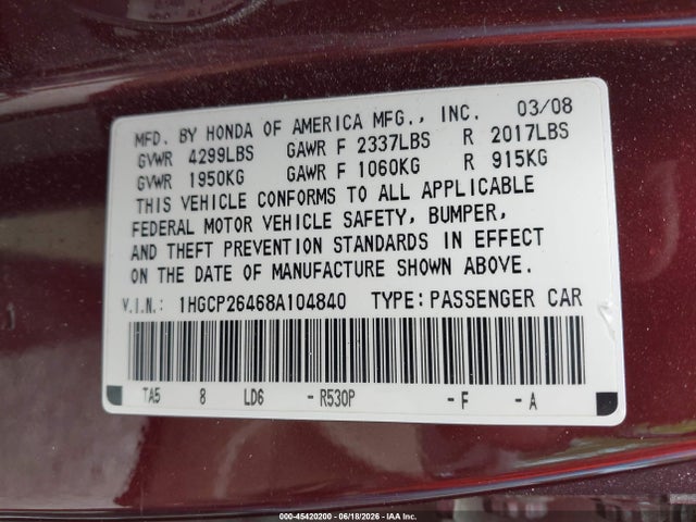 Aukcja sprzedaży 2008 Honda Accord 2.4 Lx-p, vin: 1HGCP26468A104840, numer aukcji: 45420200