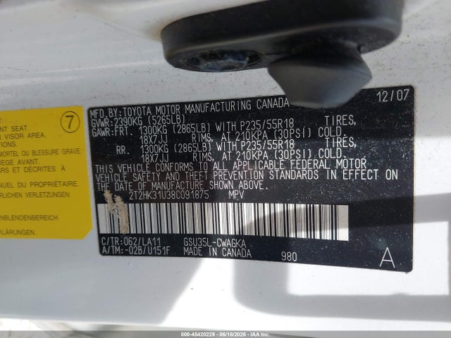 2008 Lexus Rx 350 მანქანა იყიდება აუქციონზე, vin: 2T2HK31U38C091875, აუქციონის ნომერი: 45420229