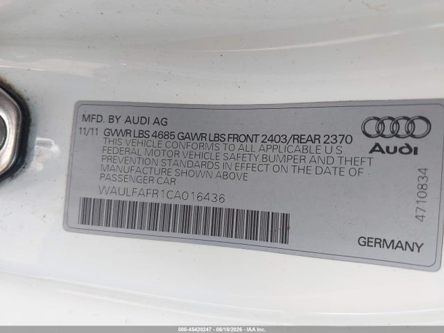 45420247 :رقم المزاد ، WAULFAFR1CA016436 vin ، 2012 Audi A5 2.0t Premium مزاد بيع