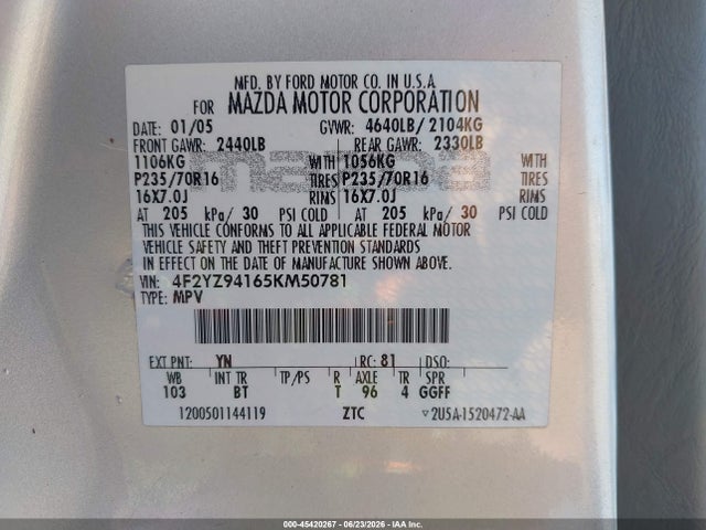 Продажа на аукционе авто 2005 Mazda Tribute S, vin: 4F2YZ94165KM50781, номер лота: 45420267