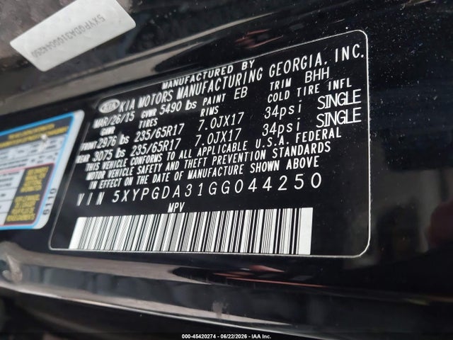 Продаж на аукціоні авто 2016 Kia Sorento 2.4l Lx, vin: 5XYPGDA31GG044250, номер лоту: 45420274