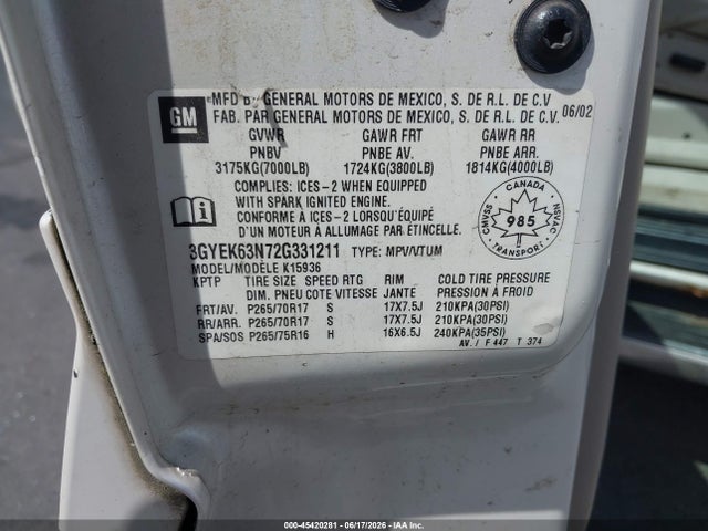 Aukcja sprzedaży 2002 Cadillac Escalade Ext Standard, vin: 3GYEK63N72G331211, numer aukcji: 45420281