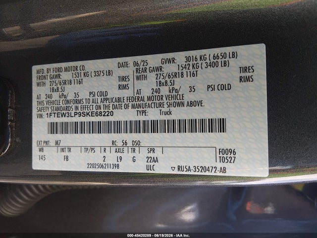 45420289 :رقم المزاد ، 1FTEW3LP9SKE68220 vin ، 2025 Ford F-150 Xlt مزاد بيع