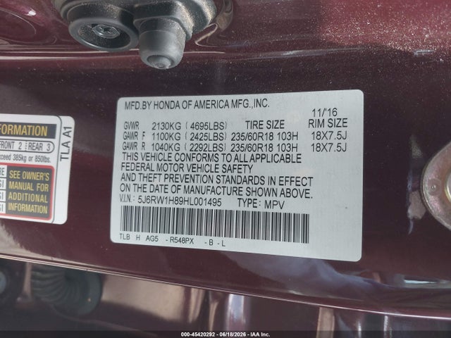 5J6RW1H89HL001495 Honda Cr-v Ex-l/ex-l Navi