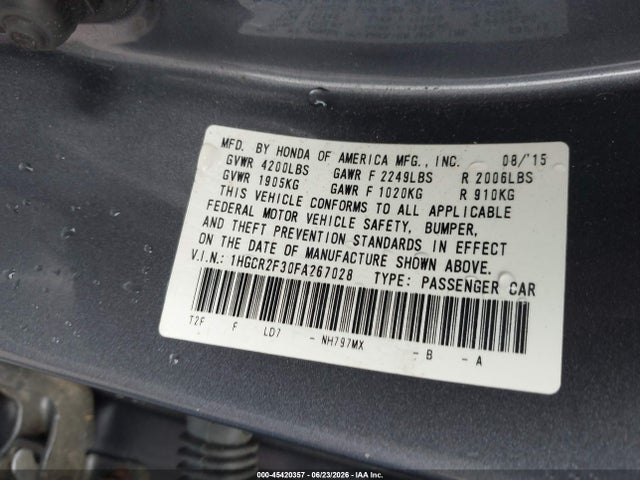 45420357 :رقم المزاد ، 1HGCR2F30FA267028 vin ، 2015 Honda Accord Lx مزاد بيع