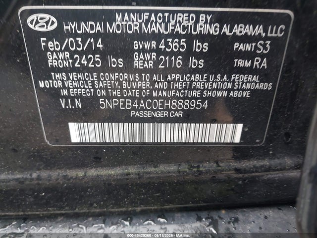 Aukcja sprzedaży 2014 Hyundai Sonata Gls, vin: 5NPEB4AC0EH888954, numer aukcji: 45420360