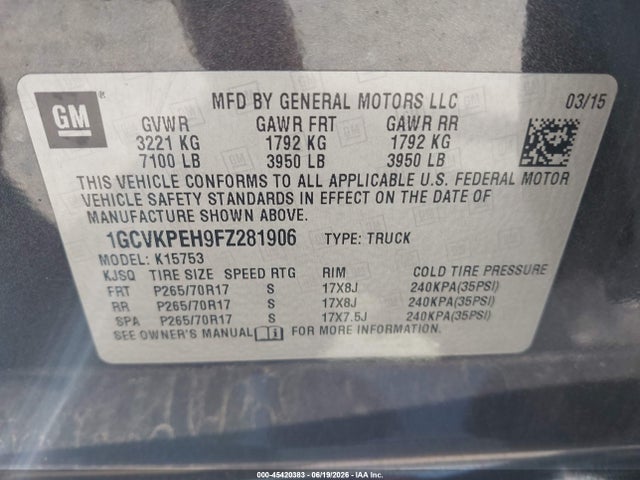 Продаж на аукціоні авто 2015 Chevrolet Silverado 1500 Work Truck, vin: 1GCVKPEH9FZ281906, номер лоту: 45420383