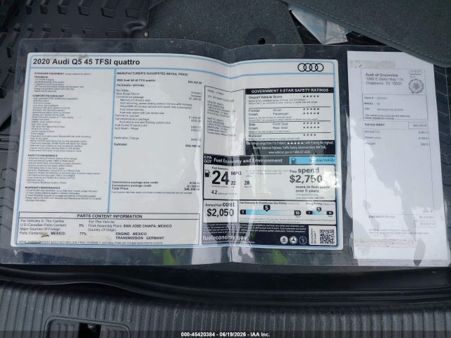 Aukcja sprzedaży 2020 Audi Q5 Premium 45 Tfsi Quattro S Tronic, vin: WA1ANAFYXL2012555, numer aukcji: 45420384