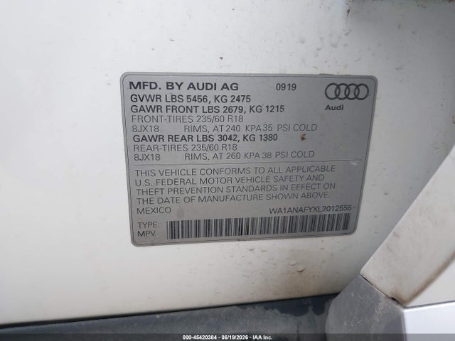 Aukcja sprzedaży 2020 Audi Q5 Premium 45 Tfsi Quattro S Tronic, vin: WA1ANAFYXL2012555, numer aukcji: 45420384