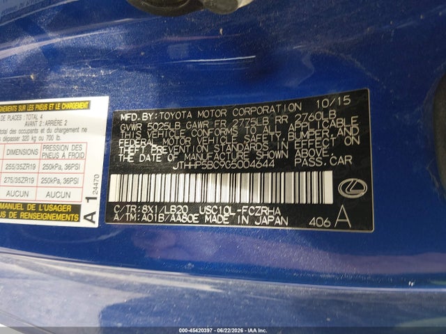 Aukcja sprzedaży 2016 Lexus Rc F, vin: JTHHP5BC9G5004644, numer aukcji: 45420397