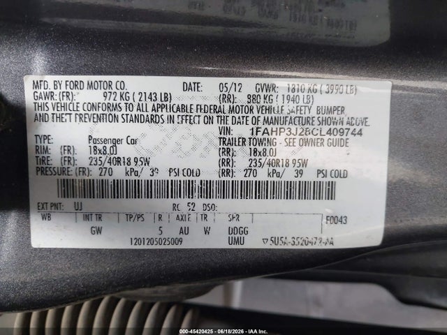 Aukcja sprzedaży 2012 Ford Focus Titanium, vin: 1FAHP3J28CL409744, numer aukcji: 45420425